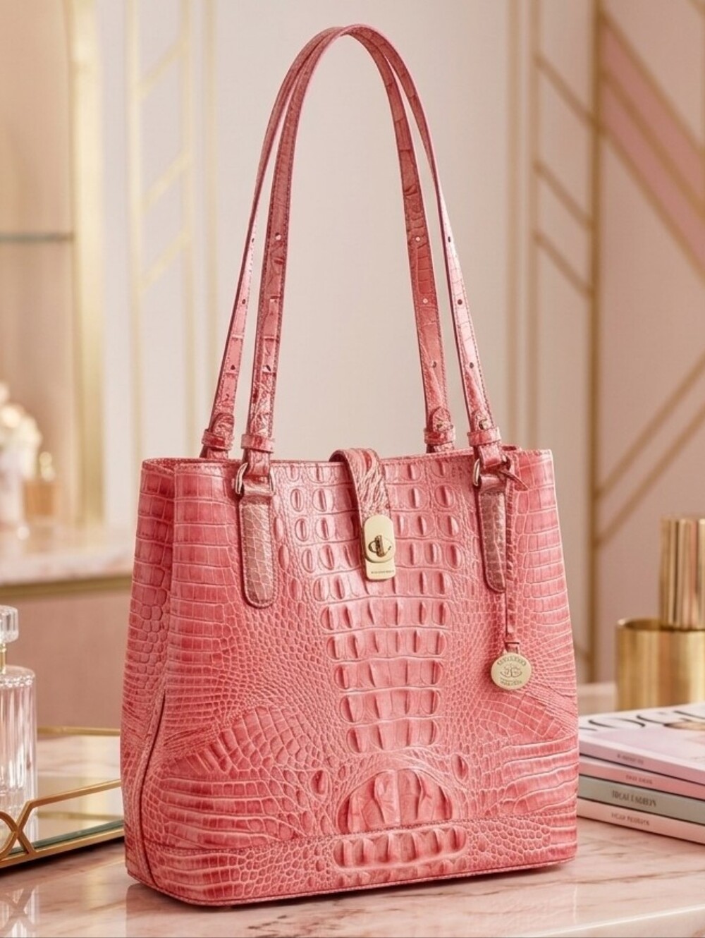 Brahmin Fiora Croc-Embossed Pink Bucket Bag